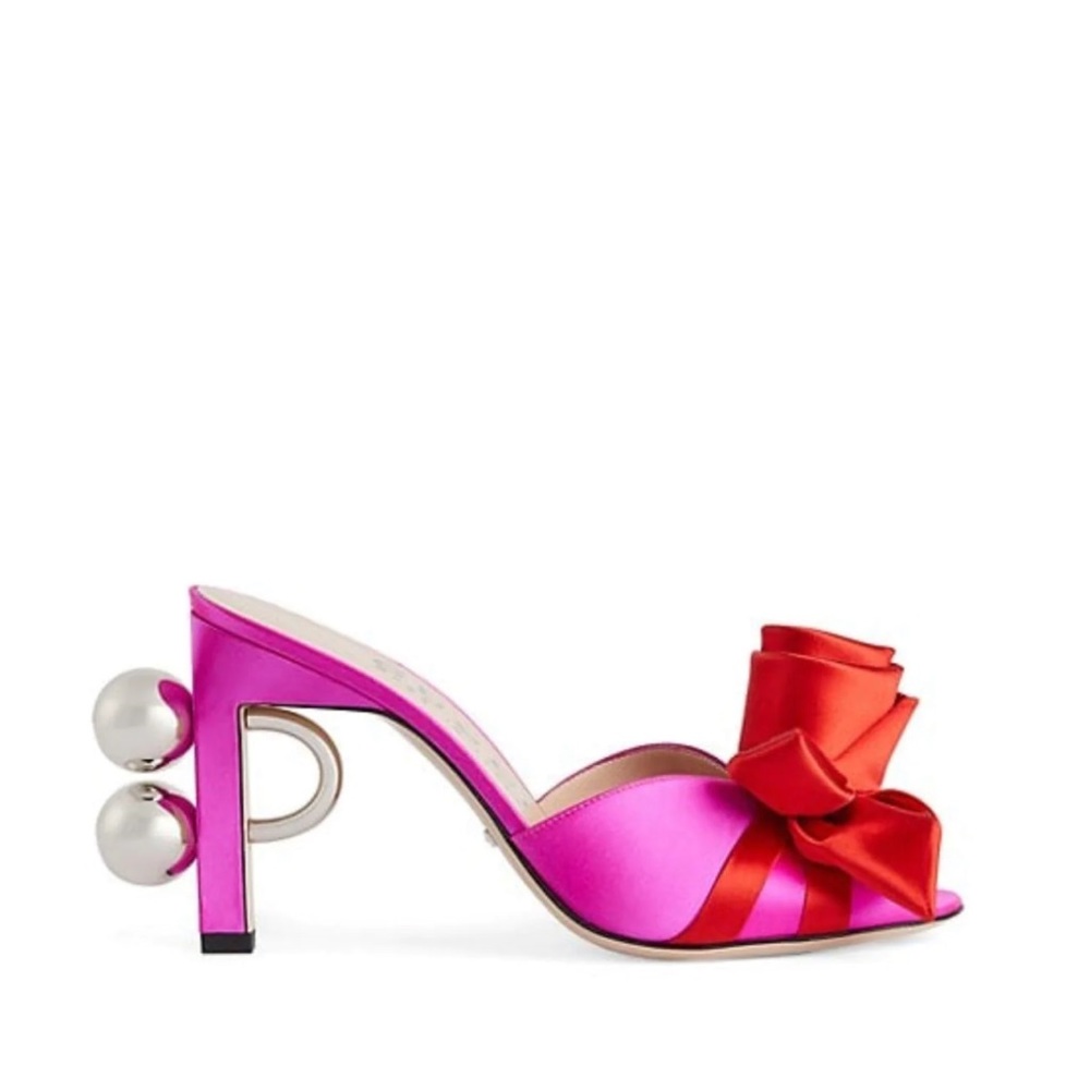 Gucci Pink Satin Mule with Red Bow and Pearl-Embellished Heel